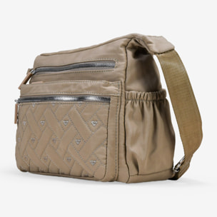 Bolso bandolera tostado con cremallera y cosido de corazones