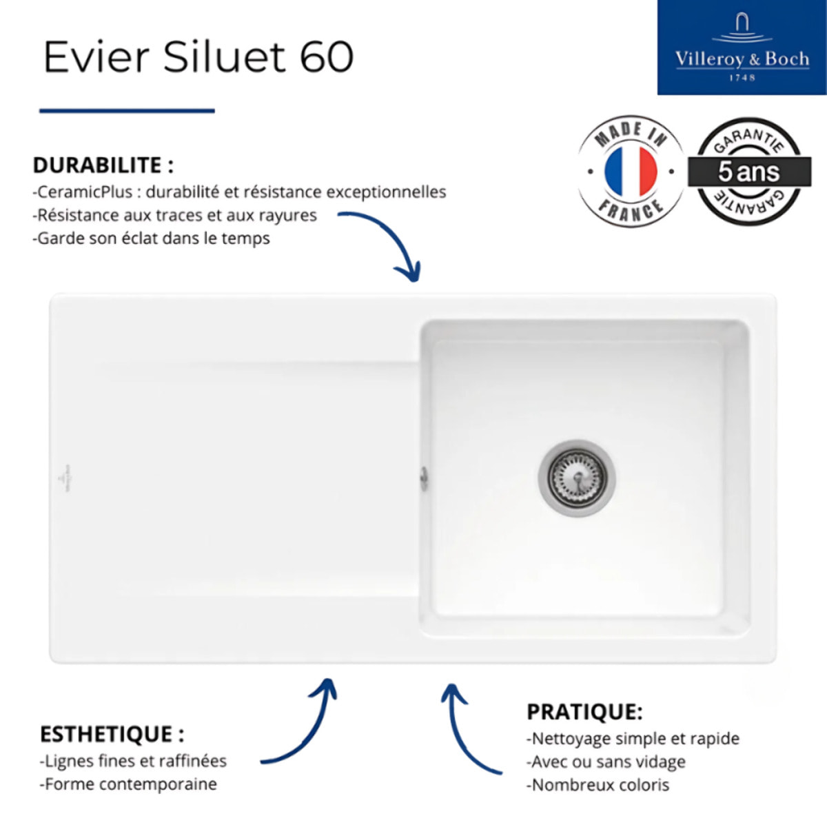 Evier 1 bac Siluet 60 Blanc CeramicPlus