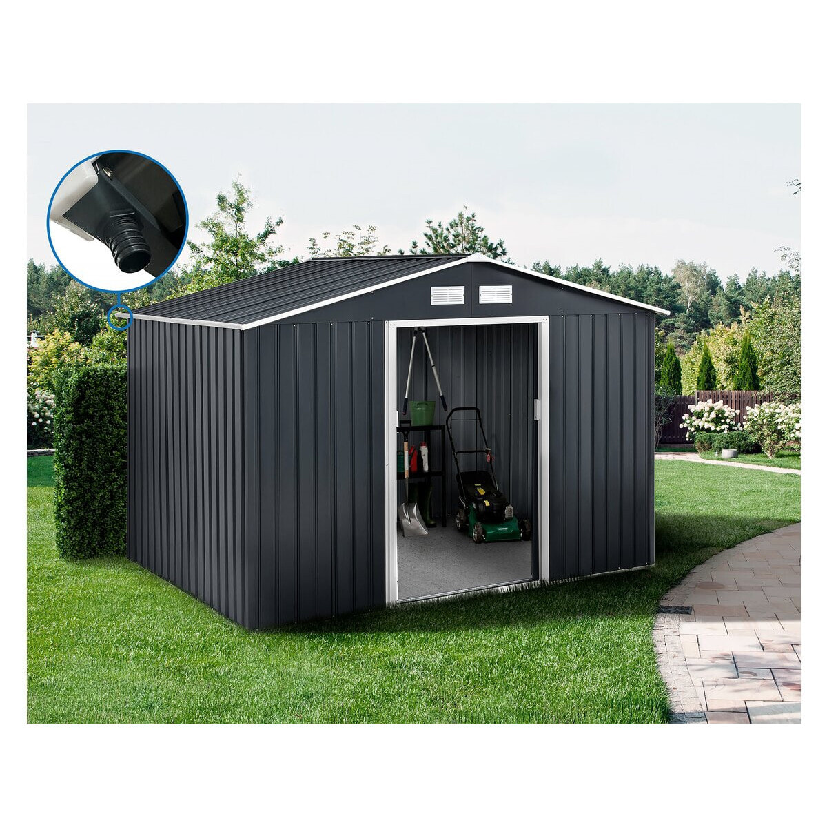 Abri de jardin métal - "Vegas" - 8,83 m² avec gouttière - Gris