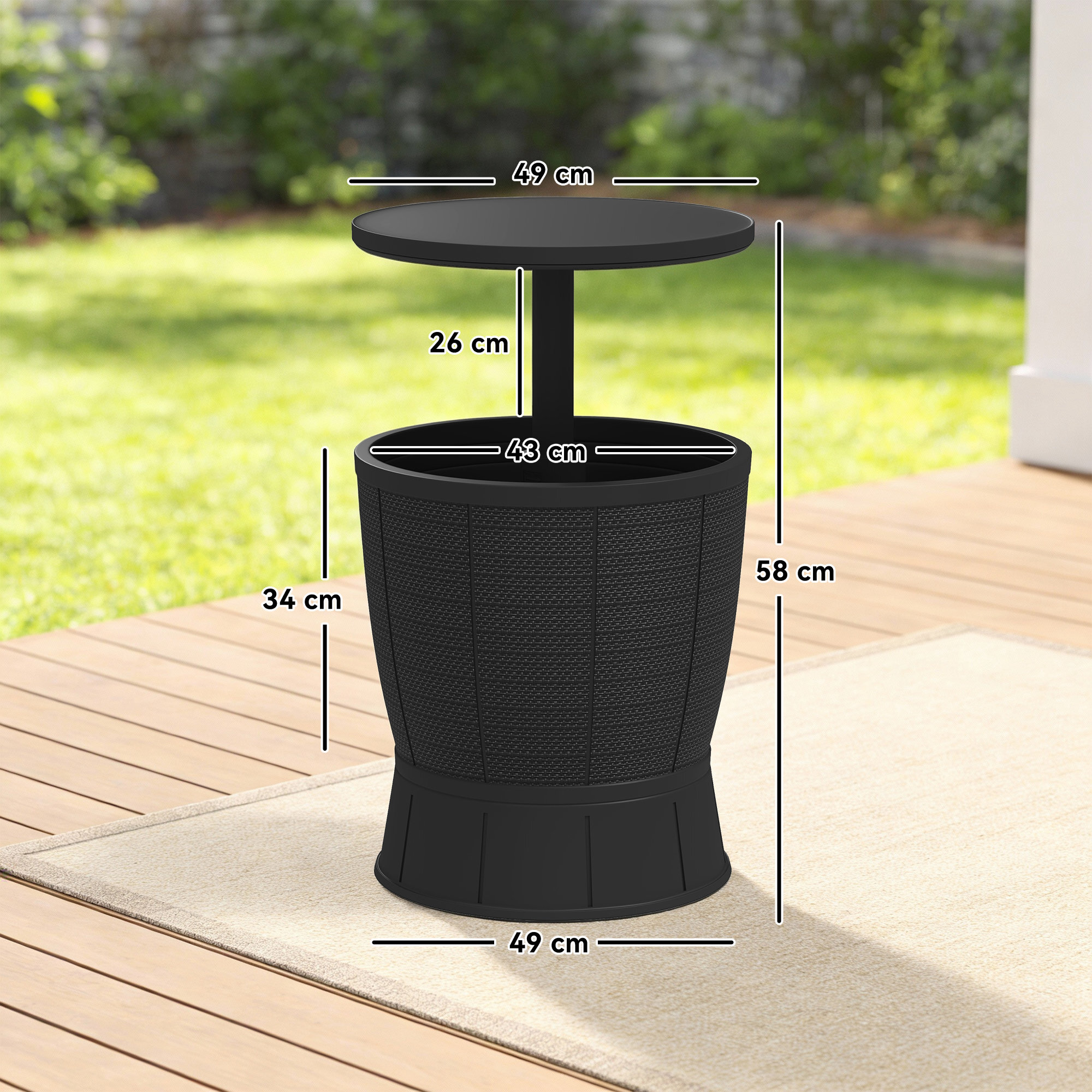 Mesa Nevera para Exterior, 41 L, 3 en 1, Cool Bar, Mesa Auxiliar, Altura Ajustable 58-84 cm, con Cubo de Hielo, Tapa Superior Elevable, para Fiesta, Piscina, Jardín, Patio, Negro