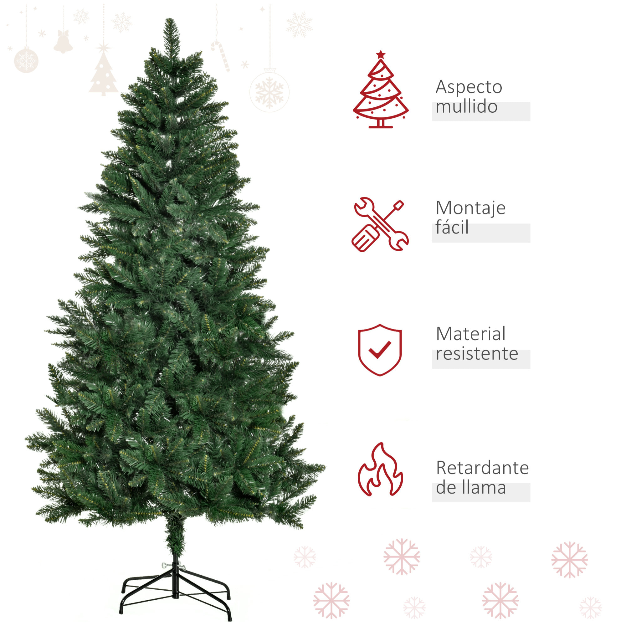 HOMCOM Árbol de Navidad Artificial 180 cm Ignífugo con 724 Ramas con 2 Tipos de Puntas de PVC Base Plegable y Soporte de Acero Decoración Navideña de Interior Verde