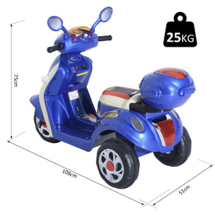 Moto scooter électrique pour enfants 6 V env. 3 Km/h 3 roues et topcase effet lumineux et sonore bleu