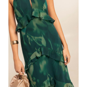 Vestido midi con escote halter y volantes