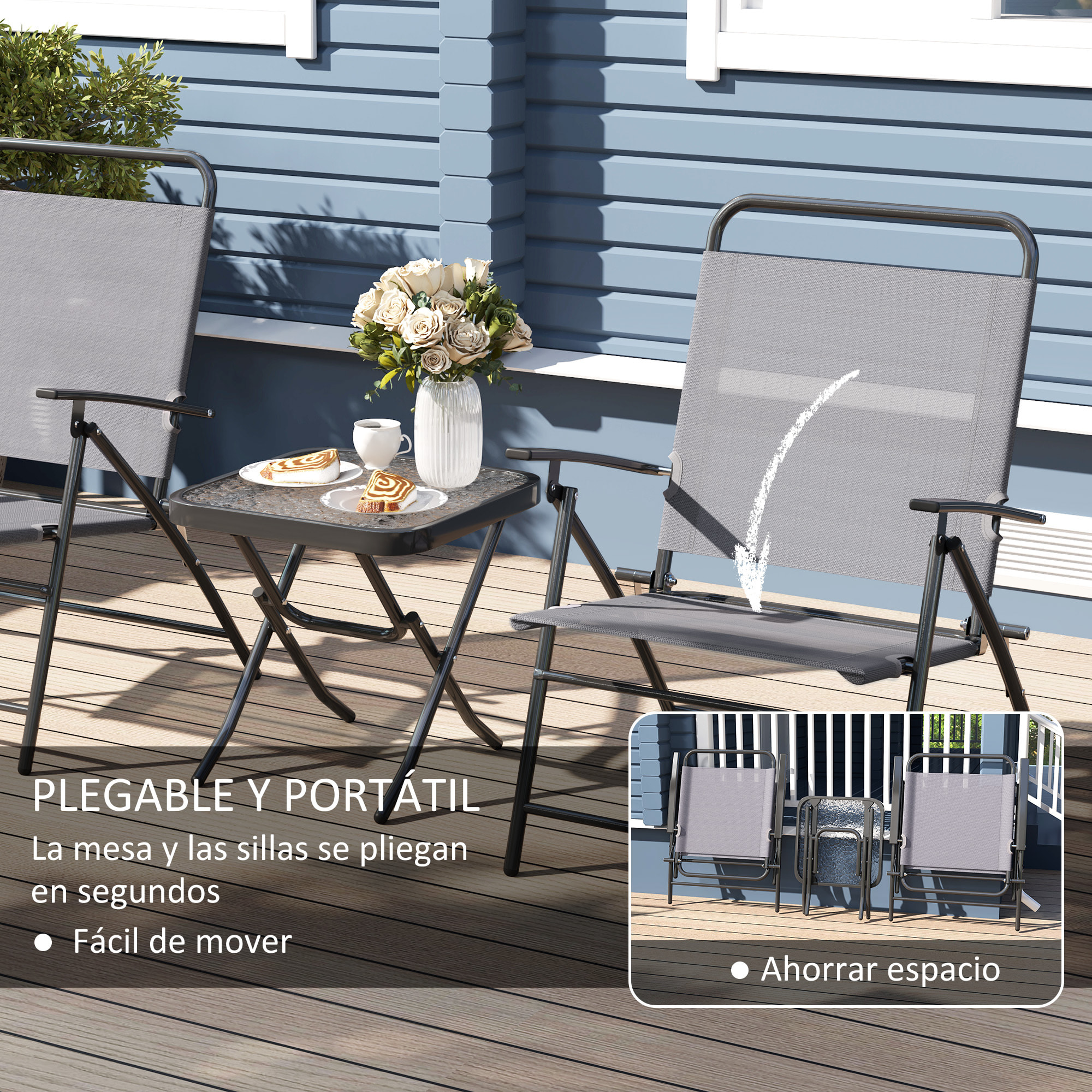 Conjunto de Mesa y Sillas de Terraza Exterior de 3 Piezas Muebles de Jardín Exterior Plegables con Respaldo Regulable Tablero de Vidrio y Estructura de Acero