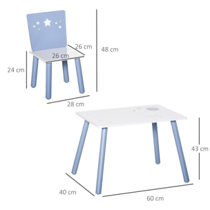 Juego de Mesa Infantil y 2 Sillas de Madera Mesa con Sillas para Niños de 2-4 Años Mesa 60x40x43 cm y Sillas 28x26x48 cm para Dormitorio Sala Blanco y Azul