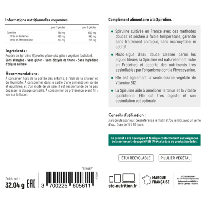 STC NUTRITION - Spiruline 1500 - Complément Alimentaire à Base de Spiruline 100% Française - Qualité Ultra-Pure - Riche en Protéines - Teneur Garantie en Phycocyanines et Chlorophylle - Lot de 2