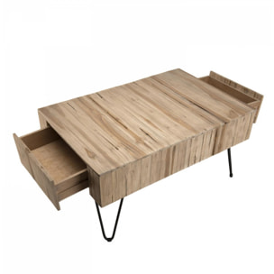 LALY - Table basse rectangulaire 2 tiroirs branches bois Teck naturel - pieds épingles scandi métal