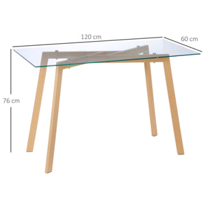 Table à manger style nordique 4 pers. dim. 120 x 60 x 76 cm piètement acier effet bois plateau verre trempé 8 mm