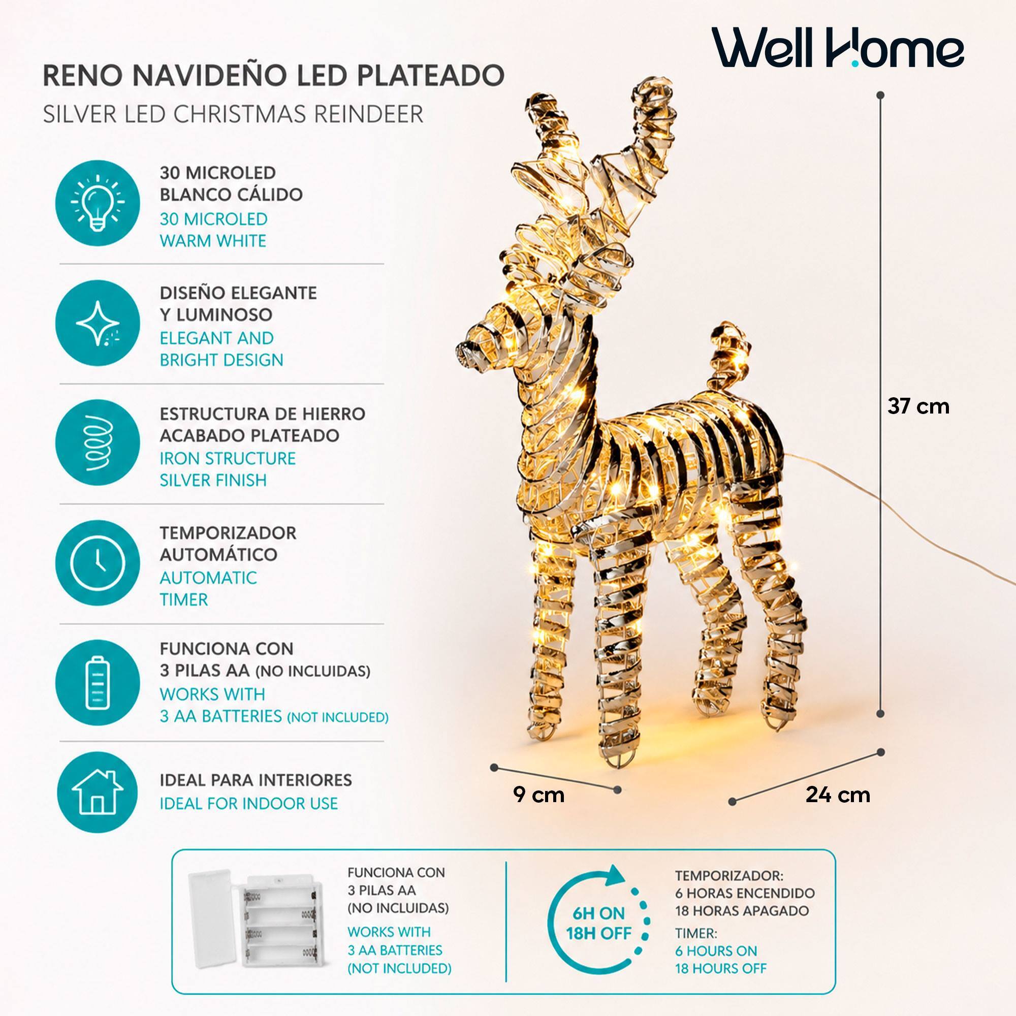 Reno navideño led plateado con 30 microled blanco cálido, con temporizador 24x9x37 cm