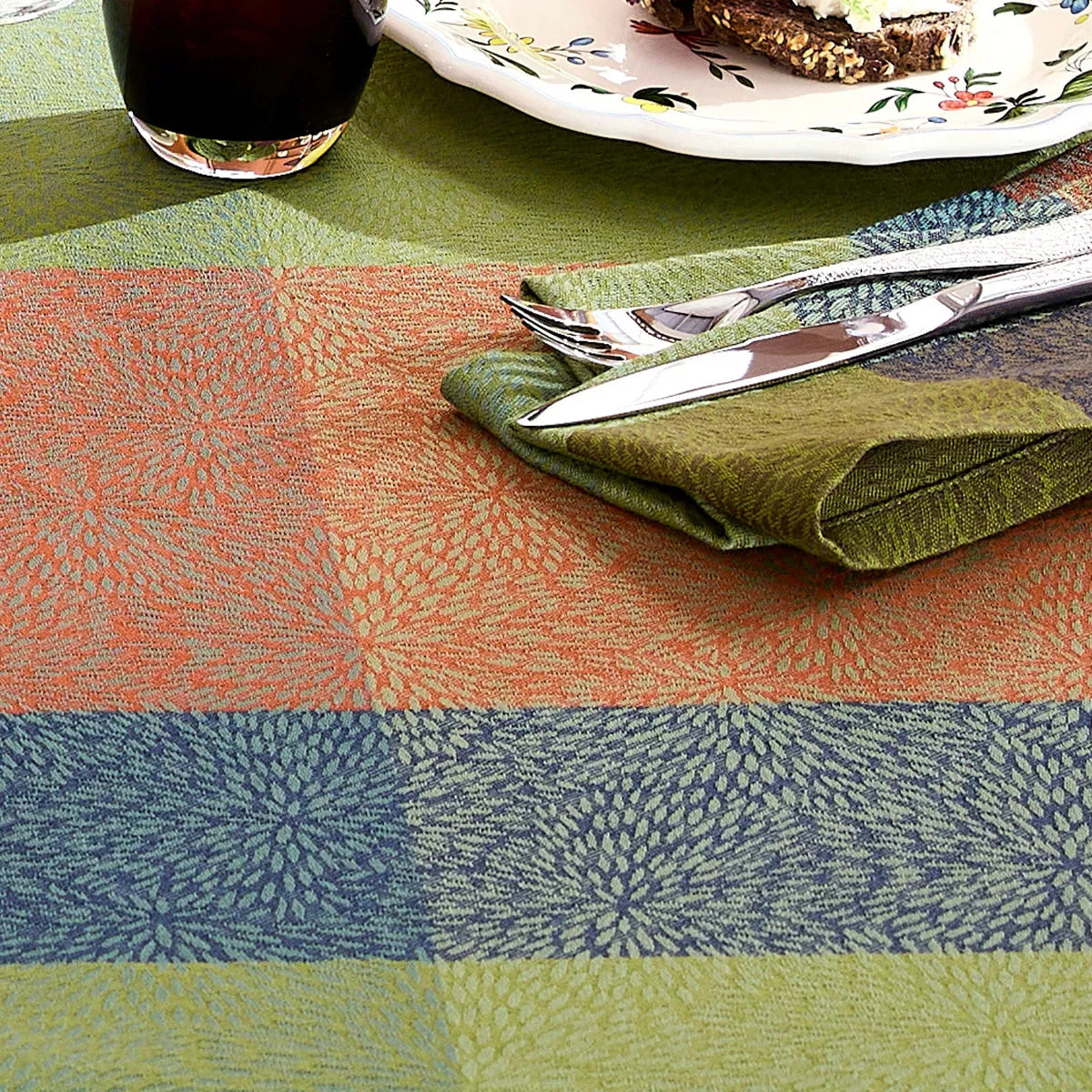 Nappe pur coton 220 g/m² motif jacquard vert orange Mille baies shetland