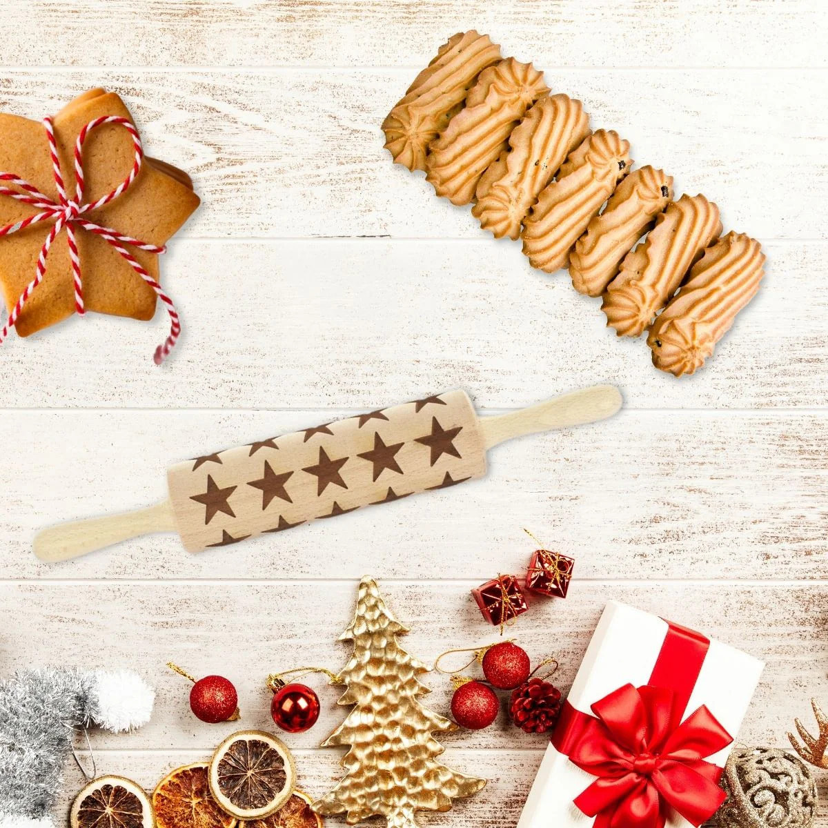 Rouleau à pâtisserie en bois motif étoiles 40 cm Fackelmann Noël