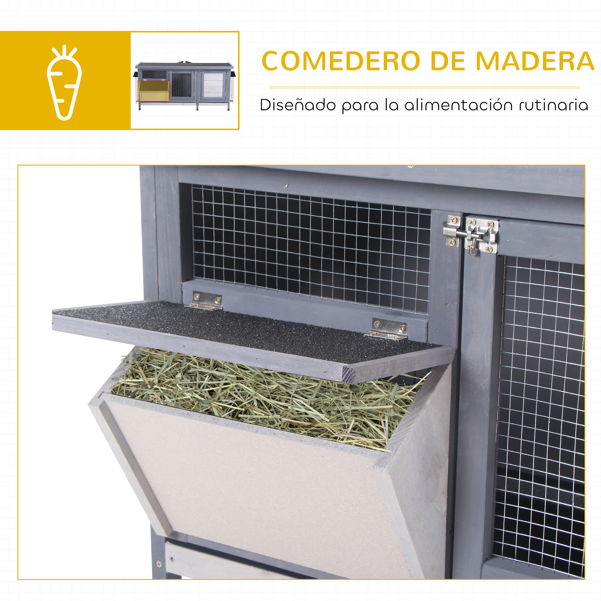Conejera de Madera, Jaula para Conejos con Techo Asfáltico Abatible, Puertas con Pestillo, Bandejas Extraíbles y Comedero, Conejera para Exterior, 112x50x54 cm, Gris