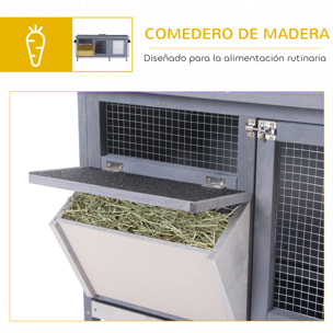 Conejera de Madera, Jaula para Conejos con Techo Asfáltico Abatible, Puertas con Pestillo, Bandejas Extraíbles y Comedero, Conejera para Exterior, 112x50x54 cm, Gris