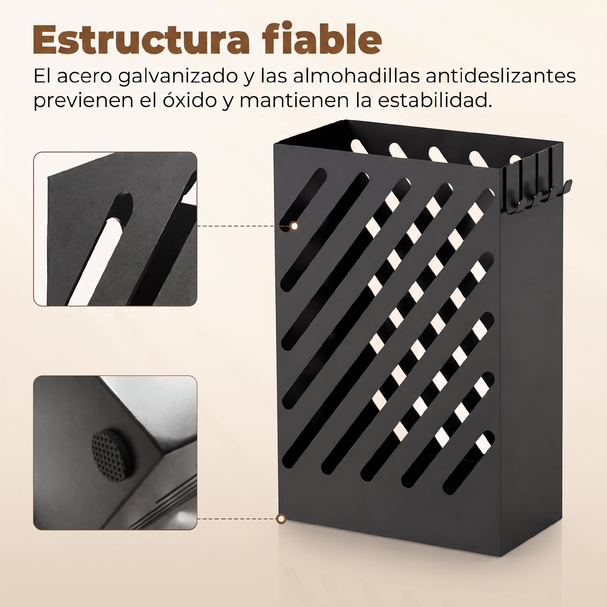 Paragüero de Acero Galvanizado, Soporte de Paraguas Estrecho con Bandeja de Goteo Extraíble, 4 Ganchos, Diseño de Cortes, para Entrada, Pasillo, Oficina, 28x14x41 cm, Negro