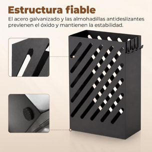 Paragüero de Acero Galvanizado, Soporte de Paraguas Estrecho con Bandeja de Goteo Extraíble, 4 Ganchos, Diseño de Cortes, para Entrada, Pasillo, Oficina, 28x14x41 cm, Negro