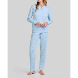 Pijama mujer suave y cálido tejido vigoré estampado, escote abierto con cremallera, manga larga con puños elásticos y pantalón largo