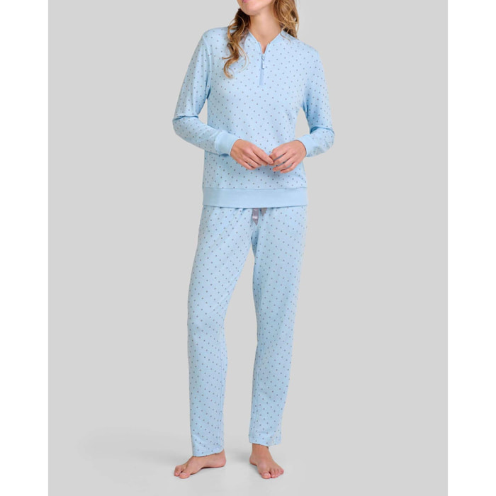 Pijama mujer suave y cálido tejido vigoré estampado, escote abierto con cremallera, manga larga con puños elásticos y pantalón largo