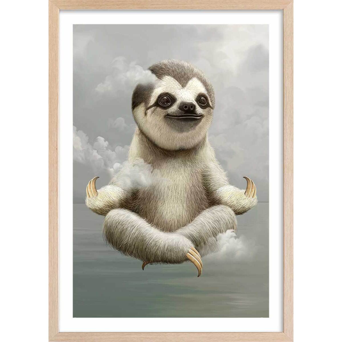 Affiche enfant paresseux méditant  Affiche + cadre en bois - Chêne