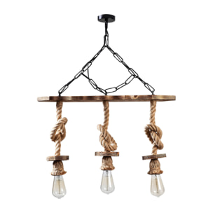 CASABLANCA - Suspension rustique filaire 3 lampes cordes et bois