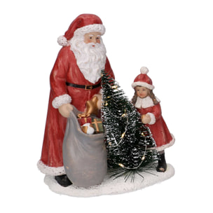 Statua in resina babbo natale con bambina rossa con led cm15x11h18,5