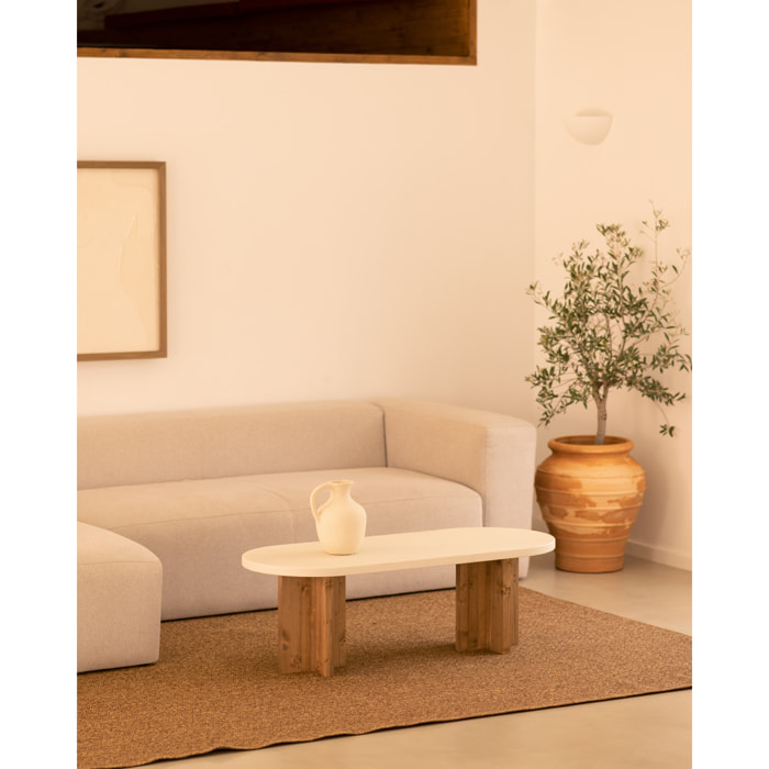 Mesa de centro de microcemento en tono blanco roto con patas de madera tono roble oscuro de 120x50cm Alto: 40 Largo: 120 Ancho: 50