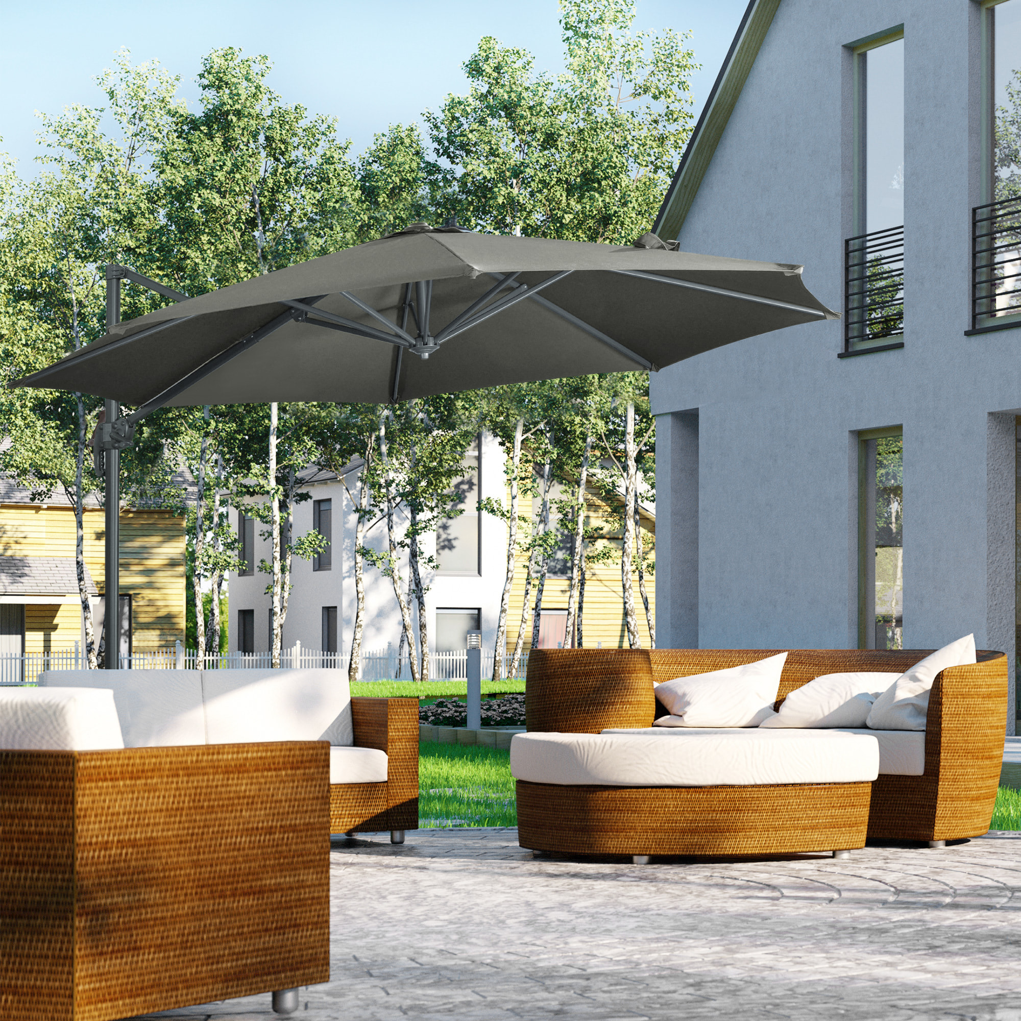 Sombrilla de Jardín Ø300x250 cm Parasol Excéntrico de Aluminio con Manivela Toldo Inclinable Giratorio 360° con Pedal y Base Cruzada para Patio Terraza Gris