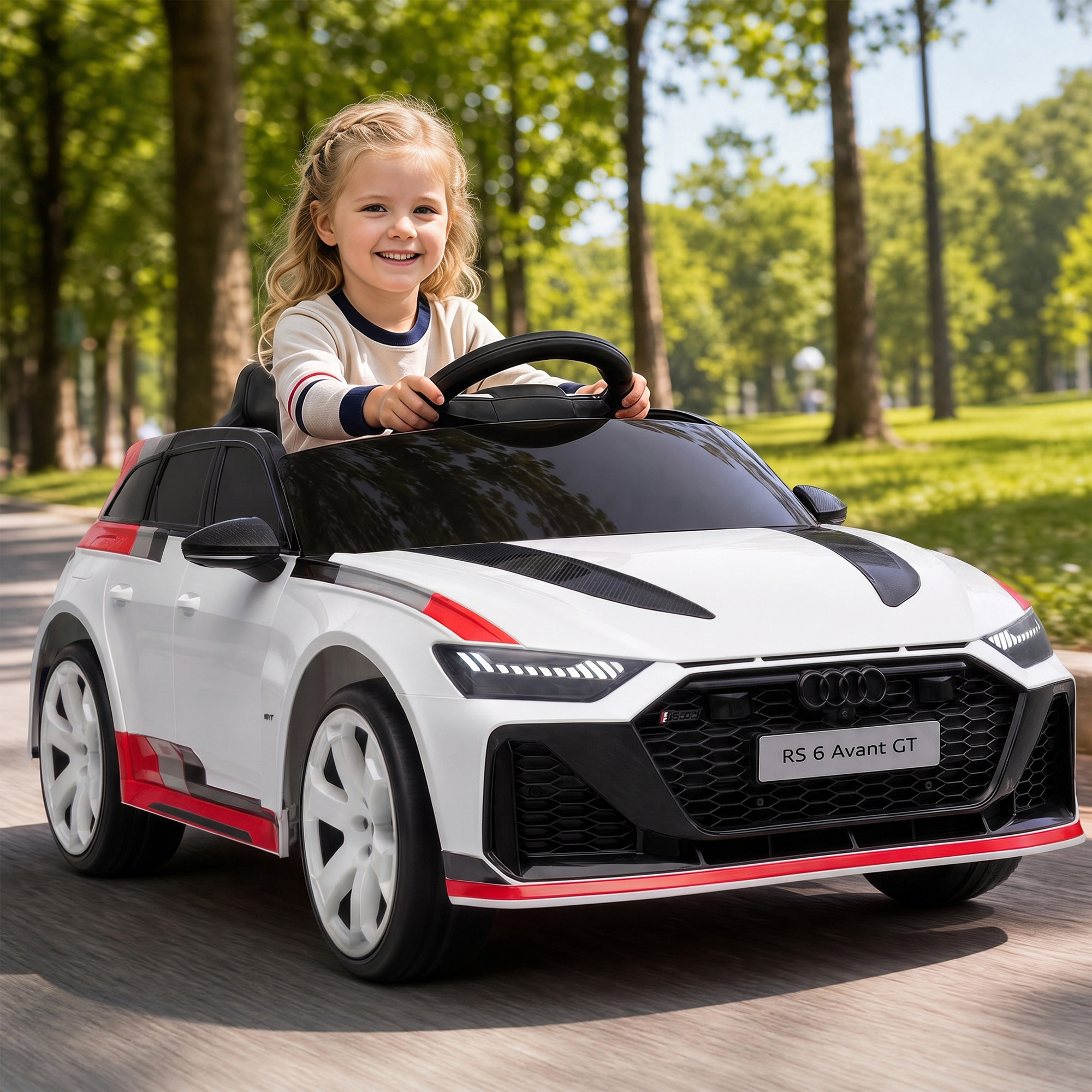 AIYAPLAY Coche Eléctrico para Niños Audi RS 6 Avant GT Coche de Batería 12V con Mando a Distancia 2,4 G Motor Doble Arranque Progresivo Suspensión MP3 Bocina y Faros LED 3-6 Años 3–5 km/h Blanco
