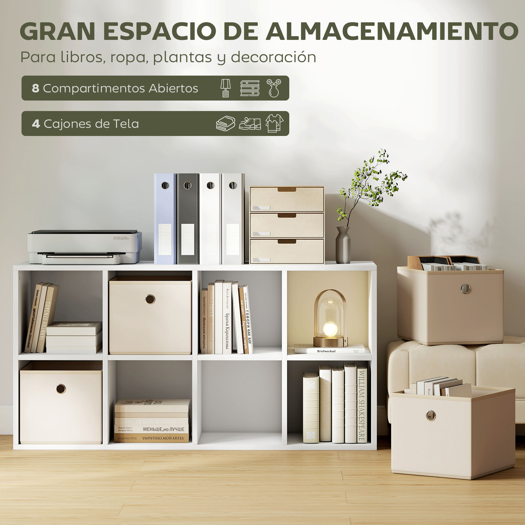 Estantería de 8 Cubos, Librería, Estantería para Libros con 4 Cajones de Tela, Horizontal o Vertical, para Salón, Dormitorio, Estudio, 105,9x30x53,7 cm, Blanco y Beige