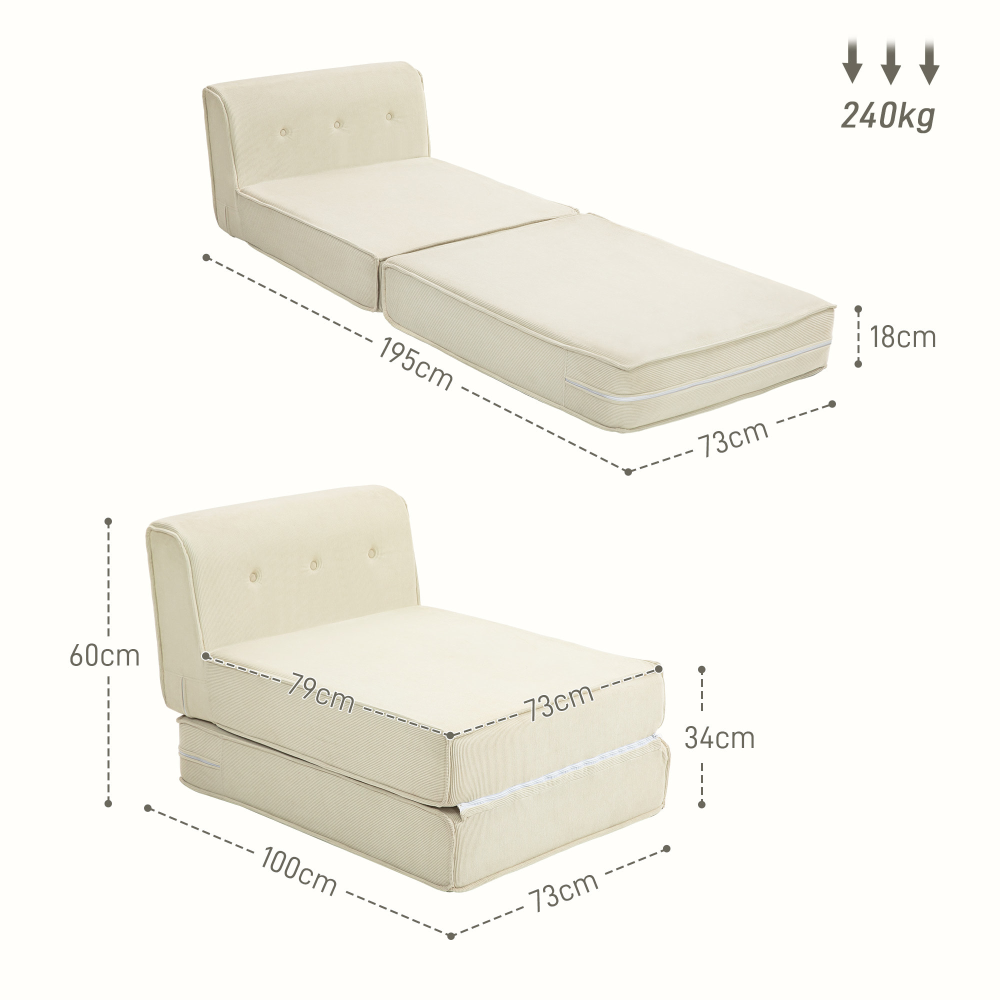 Matelas lit fauteuil futon chauffeuse pliable pliant longueur 195 cm velours côtelé crème