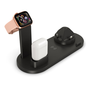 Base de carga 4 en 1 con carga inalámbrica QI, soporte giratorio con conexión lightning, micro USB y USB-C. Stand para Apple Watch y soporte con carga para Airpods.