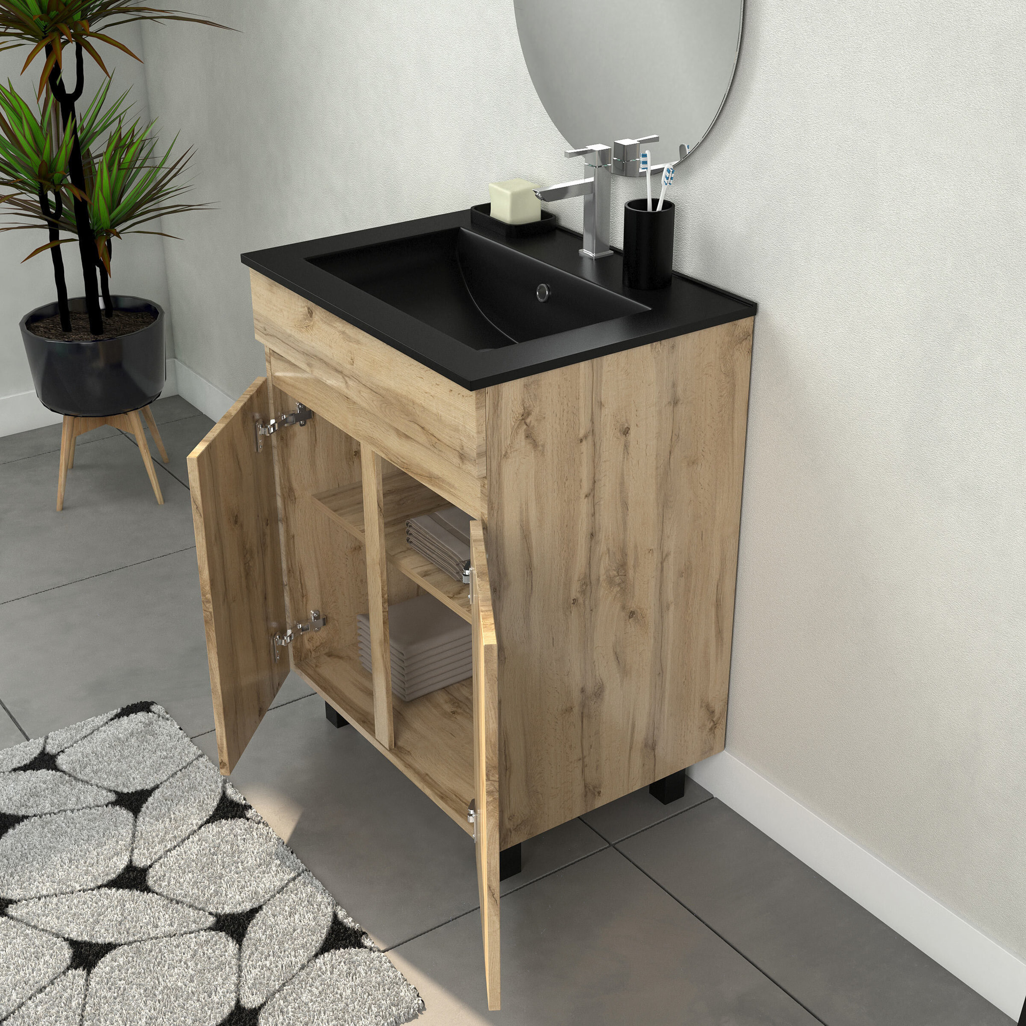 Meuble Salle de Bains 60cm 2 Portes Chêne Naturel + Vasque Noire et Miroir Ovale