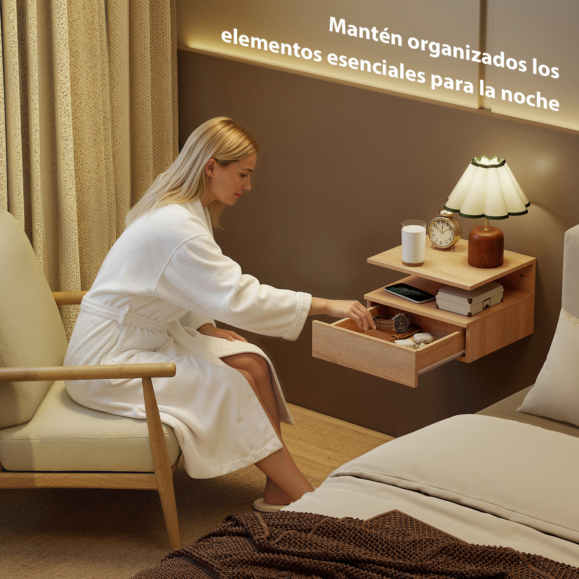 Juego de 2 Mesitas de Noche Flotantes con Cajón, Mesillas de Noche Dormitorio, Montado en la Pared, Estilo Moderno, para Sala de Estar, 35x32x22,5 cm, Roble