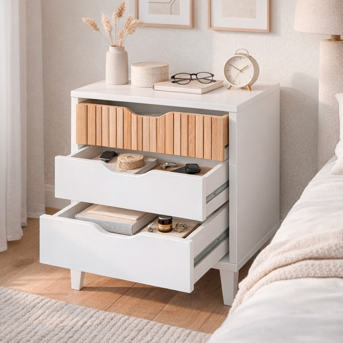 Comodino Stile Nordico Con 3 Cassetti Mobiletto Con Gambe Rialzate Design Scandinavo Zona Notte Salvaspazio 50 x 44 x 33 Cm Bianco E Rovere