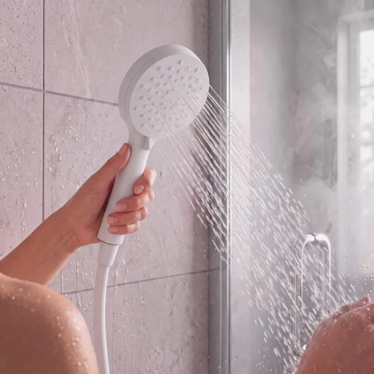 Pommeau de douche MSV Isao Ø 100 mm avec flexible 150 cm – 3 fonctions – Économie d'eau 69 % – Blanc matt