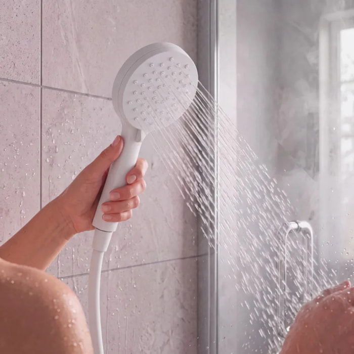 Pommeau de douche MSV Isao Ø 100 mm avec flexible 150 cm – 3 fonctions – Économie d'eau 69 % – Blanc matt