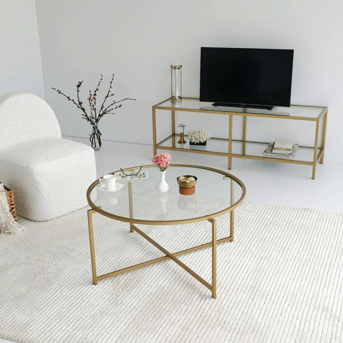 Tavolino da salotto Ecaterina, Tavolo basso da caffè, Portariviste per divano, Ripiano da soggiorno, 83x83h40 cm, Oro