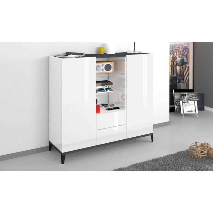 Credenza Scirocco, Madia da cucina a 2 ante e 2 cassetti, Buffet da soggiorno, 100% Made in Italy, cm 120x40h133, Bianco lucido e Ardesia