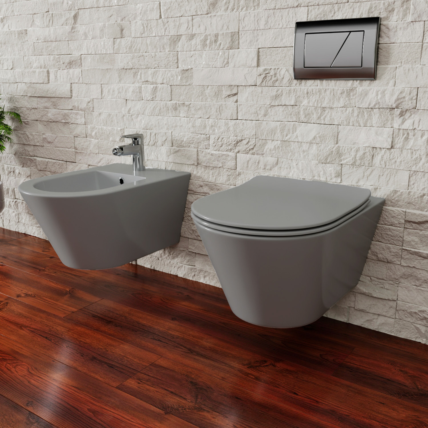 Coppia Sanitari Sospesi Vaso WC Rimless Con Tornado Flush E Bidet Sospeso Moderno Tondo In Ceramica Con Copriwater Chiusura Soft Close Grigio Opaco