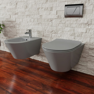 Coppia Sanitari Sospesi Vaso WC Rimless Con Tornado Flush E Bidet Sospeso Moderno Tondo In Ceramica Con Copriwater Chiusura Soft Close Grigio Opaco