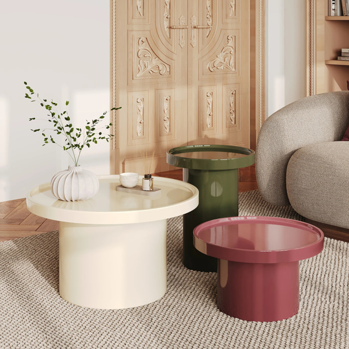Lot de 3 tables basses laquées blanches, vert olive et rouge en MDF - Nora