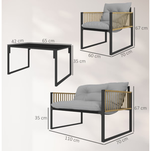 Conjunto de Jardín Exterior de Ratán Sintético de 4 Piezas Muebles de Jardín Exterior Incluye Sofá de 2 Plazas 2 Sillones 1 Mesa de Centro de Vidrio con Cojines Gris y Natural