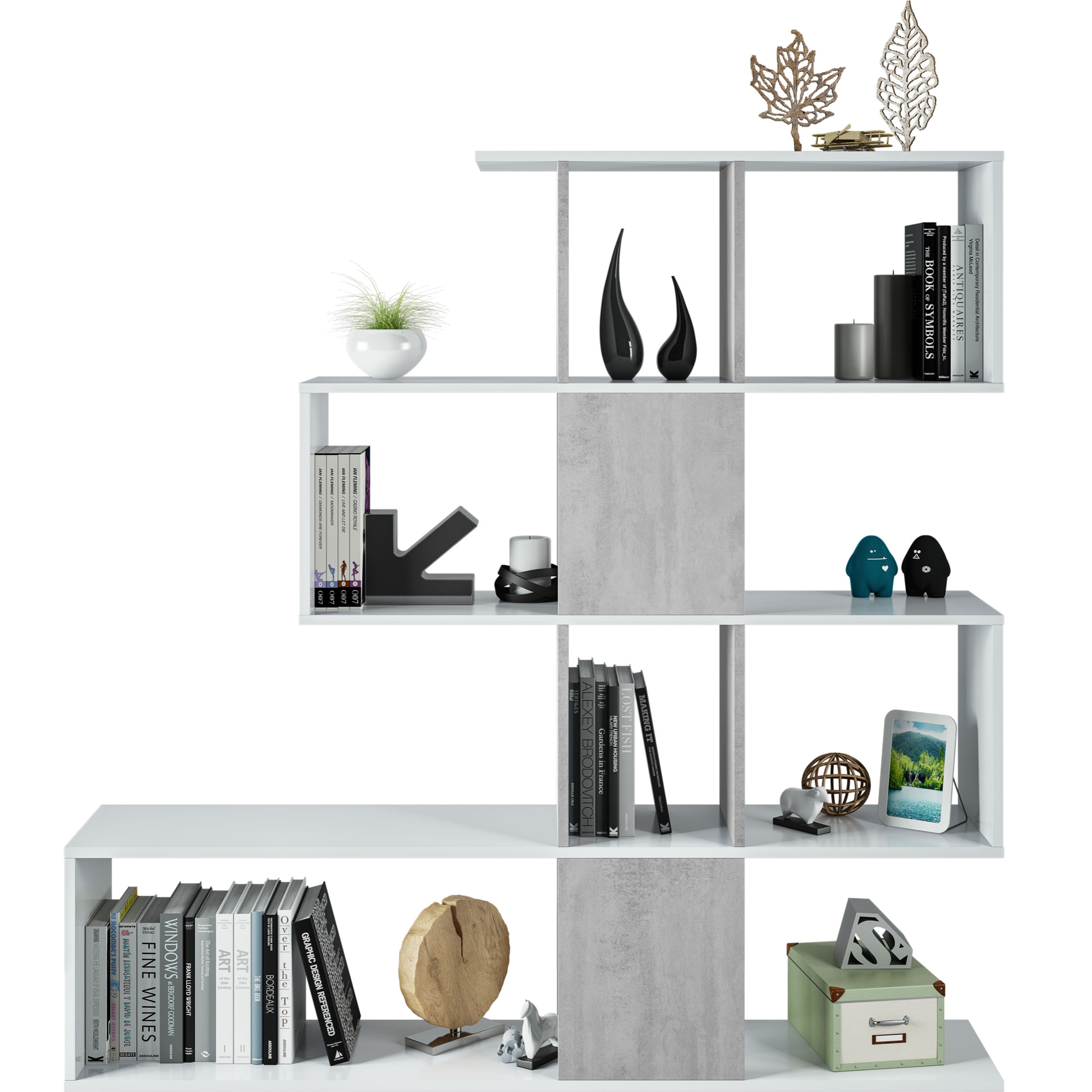 Libreria Elche Design Zig Zag Scaffale Mensola Moderna Mobile per Libri con Ripiani per Soggiorno Salotto 145 x 145 x 29 cm Bianco e Grigio Cemento