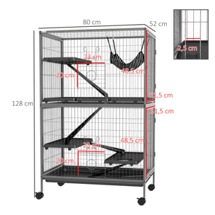 Cage pour rongeurs furet chinchilla 4 plateformes 3 rampes 4 portes hamac plateau acier gris noir