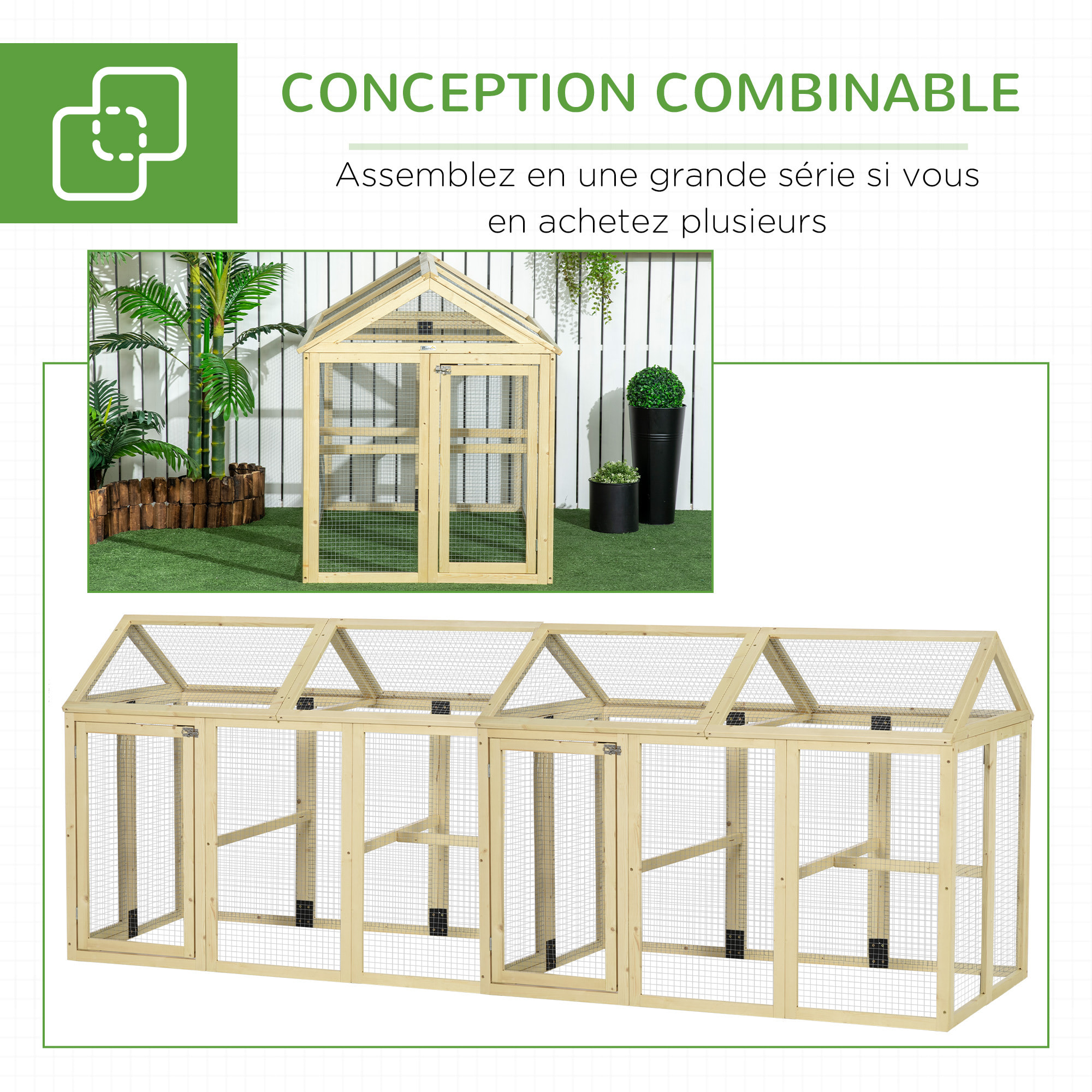 Enclos poulailler chenil 1,23 m² - parc grillagé dim 140L x 88,5l x 106H cm - 2 portes verrouillables - bois sapin