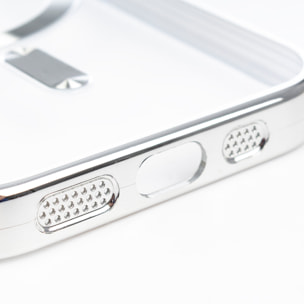 Carcasa transparente con cámara cubierta, bordes plateados, antichoque y antihuellas. Magsafe para iPhone 16 Pro.