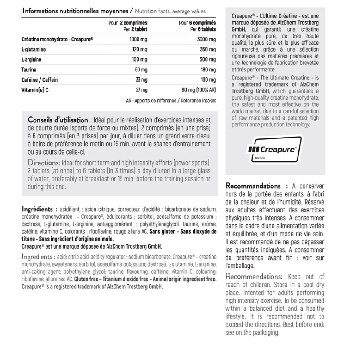 CREATINE EFFERVESCENT COMPLEX - A base de Créatine, Glutamine, Arginine, Taurine et Caféine - Aide à améliorer les capacités physiques - Tube de 30 comprimés - Cure de 5 à 15 jours