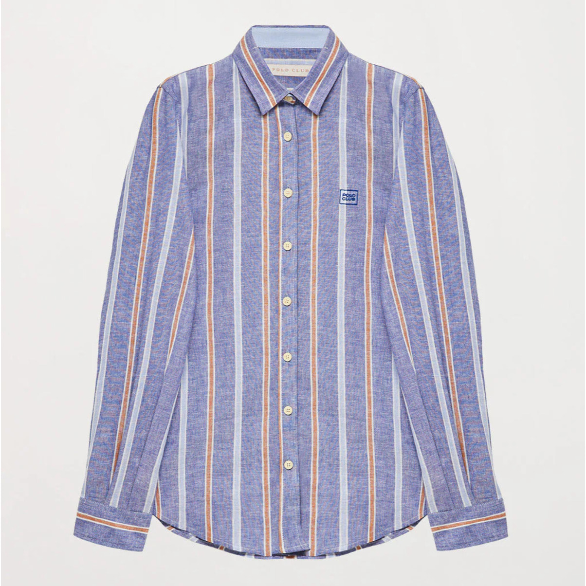 Camicia in lino e cotone a righe larghe con particolare ricamato sul petto