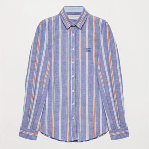 Camicia in lino e cotone a righe larghe con particolare ricamato sul petto