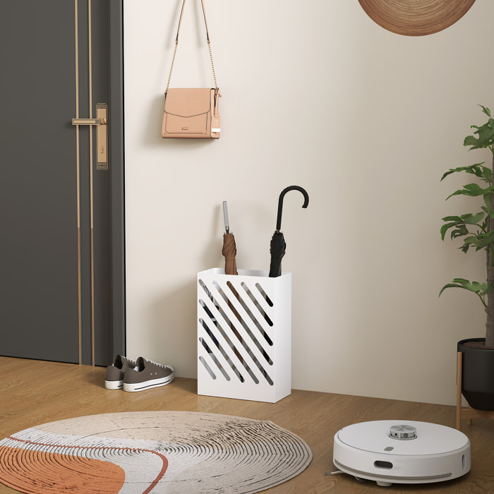 Paragüero de Acero Galvanizado, Soporte de Paraguas Estrecho con Bandeja de Goteo Extraíble, 4 Ganchos, Diseño de Cortes, para Entrada, Pasillo, Oficina, 28x14x41 cm, Blanco