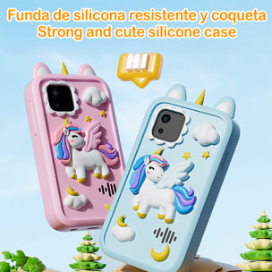 Cámara infantil K8 con forma de teléfono. Con cámara dual de hasta 12MP, video de 1080p y pantalla táctil IPS de 2.8". Con funda de silicona de unicornio.